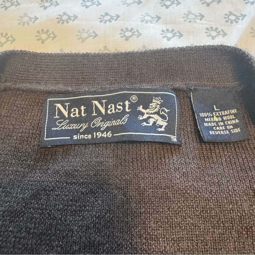 Nat Nast Men's 100% merino wool cardigan in brown, gray, and tan - Picture 5 of 6